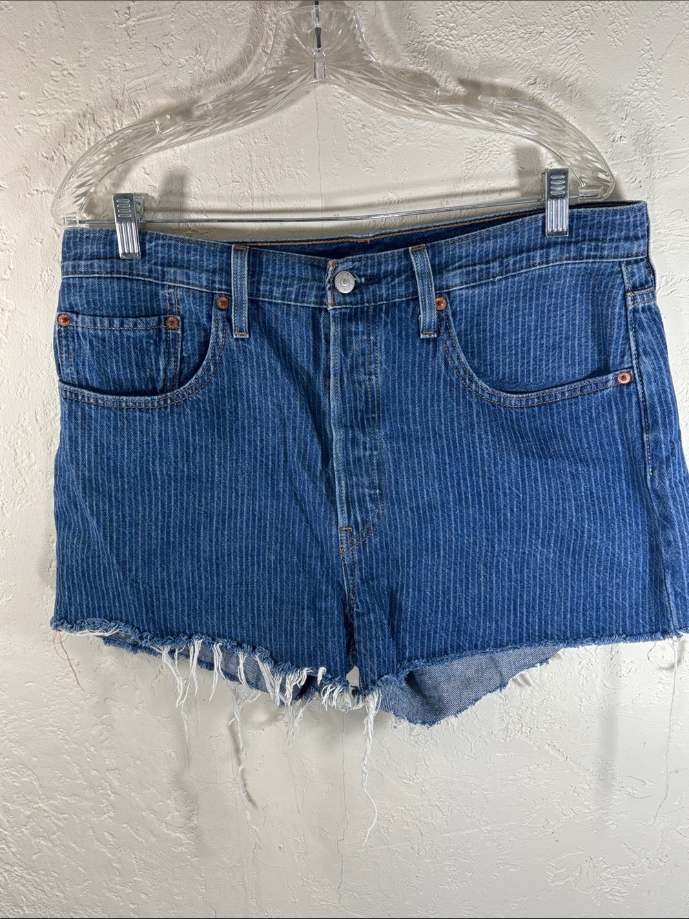 Levi's Blue Pinstripe Frayed Hem Denim Shorts